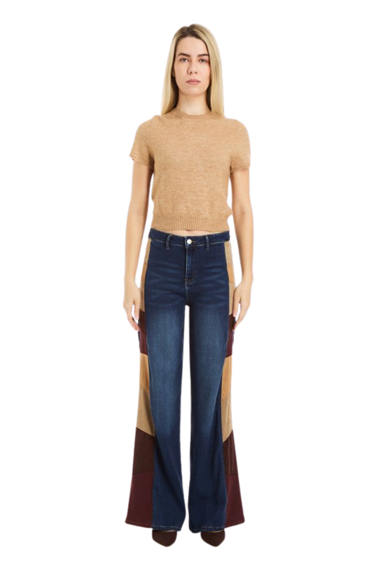 Suede Side Panel Denim Wide Leg
