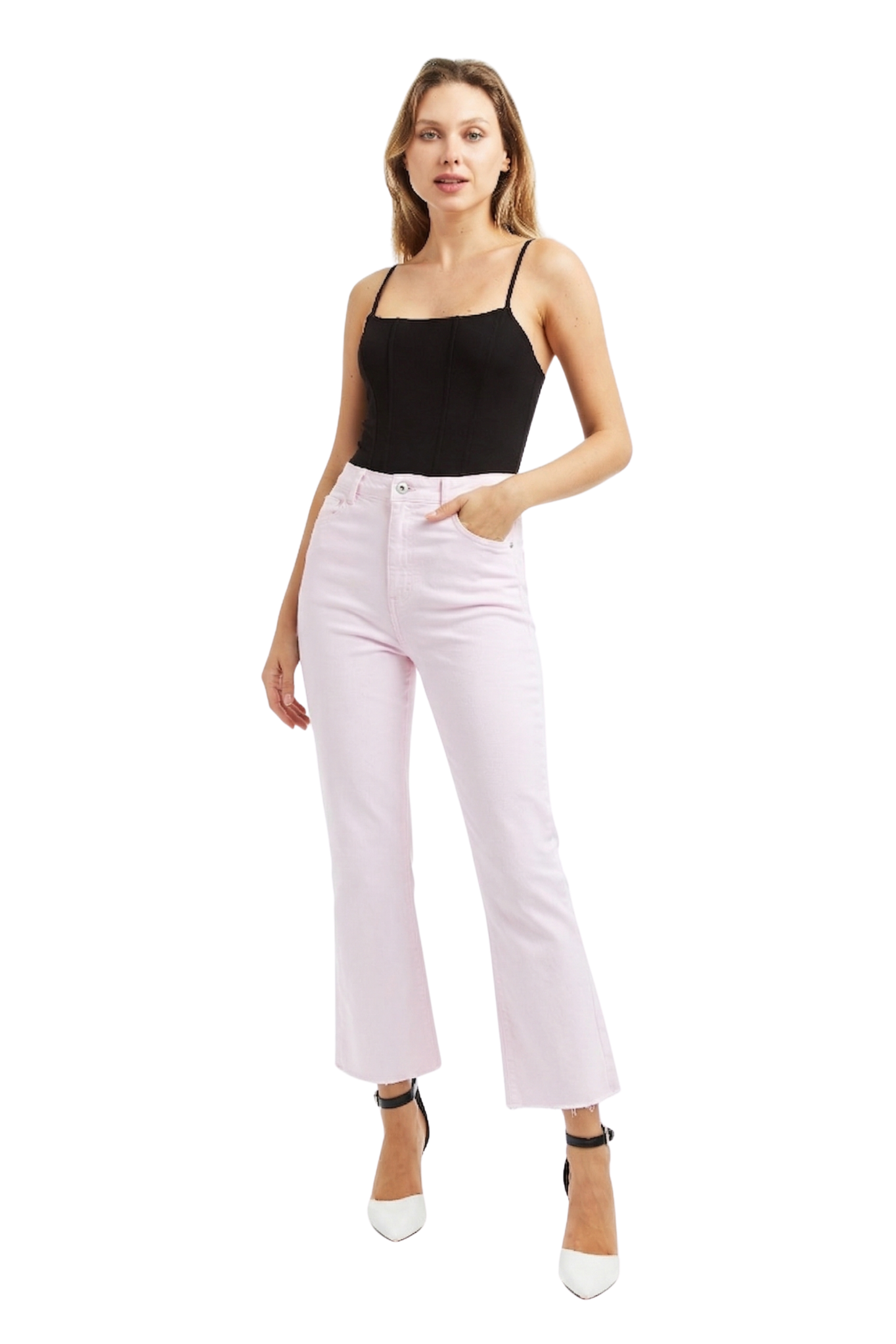 High Rise Crop Flare With Side Slit And Raw Hem
