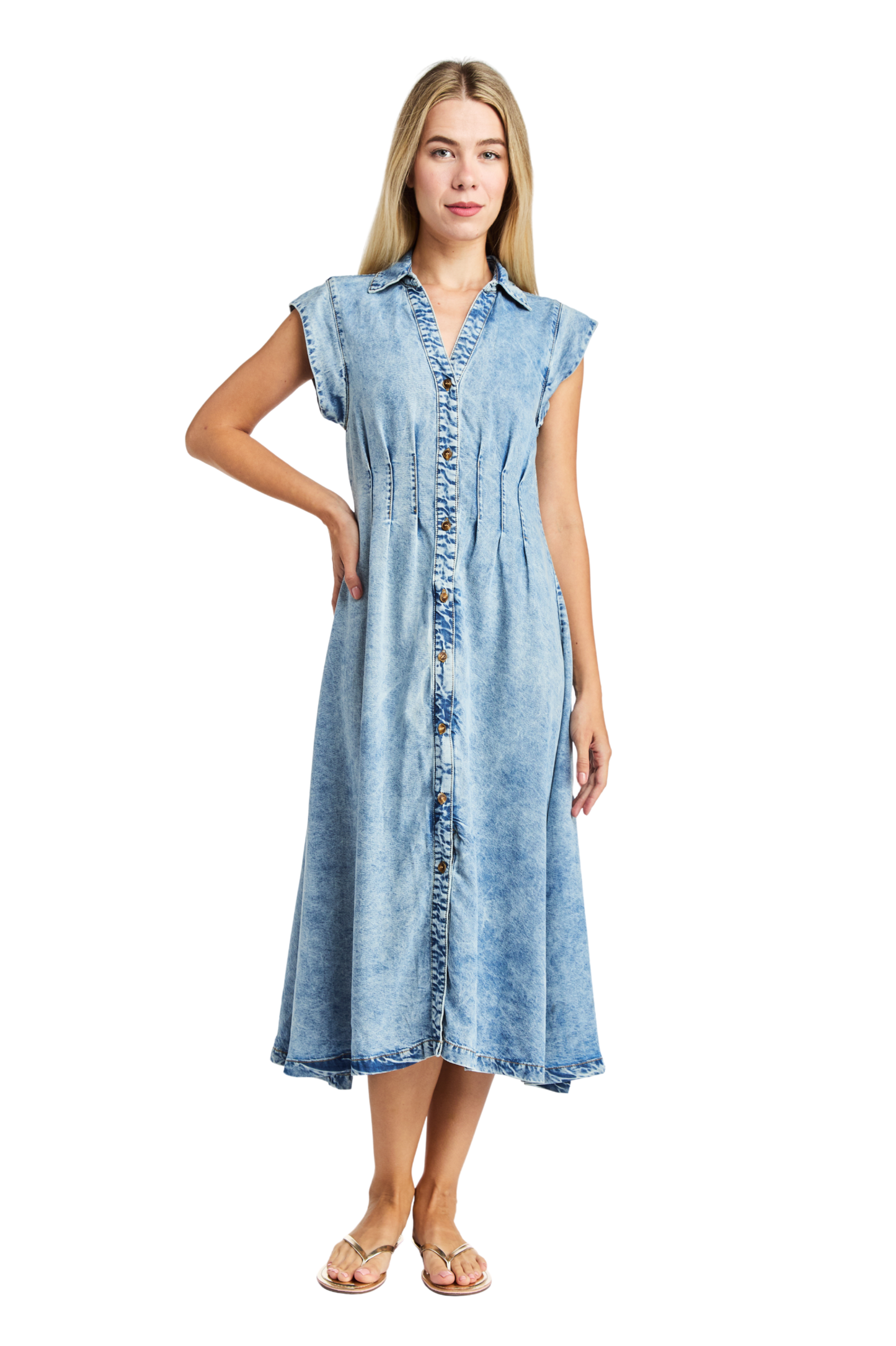 Button Up Short Sleeve Pleated Maxi Dress