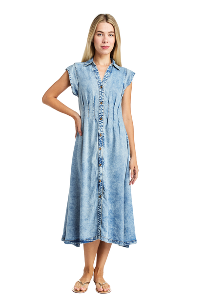 Button Up Short Sleeve Pleated Maxi Dress