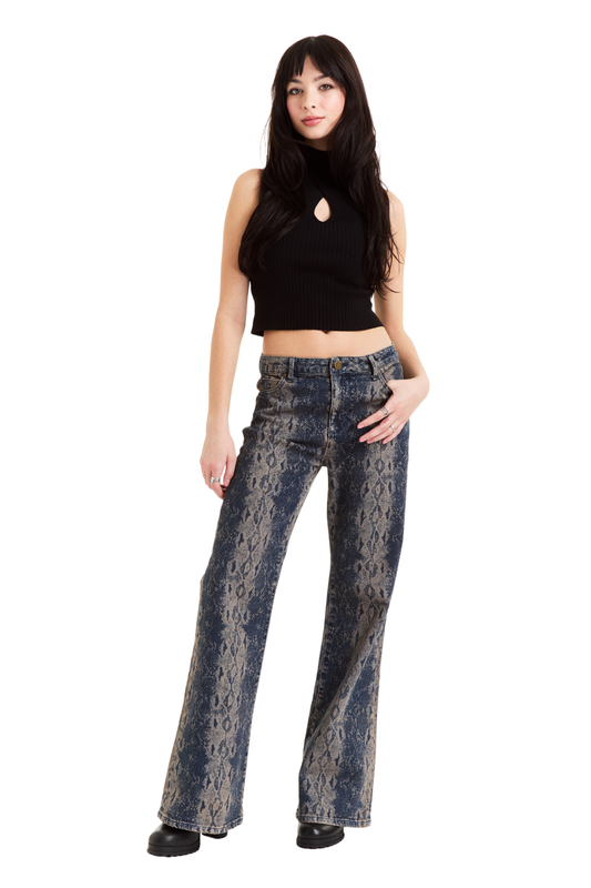 Denim Snake Print Wide Leg Pant