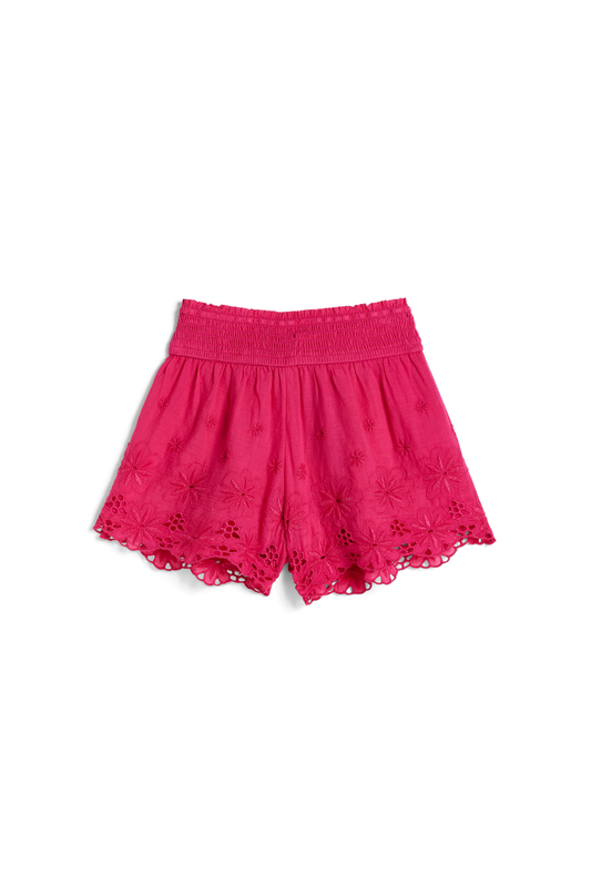 Smocking Shorts With Floral Eyelet