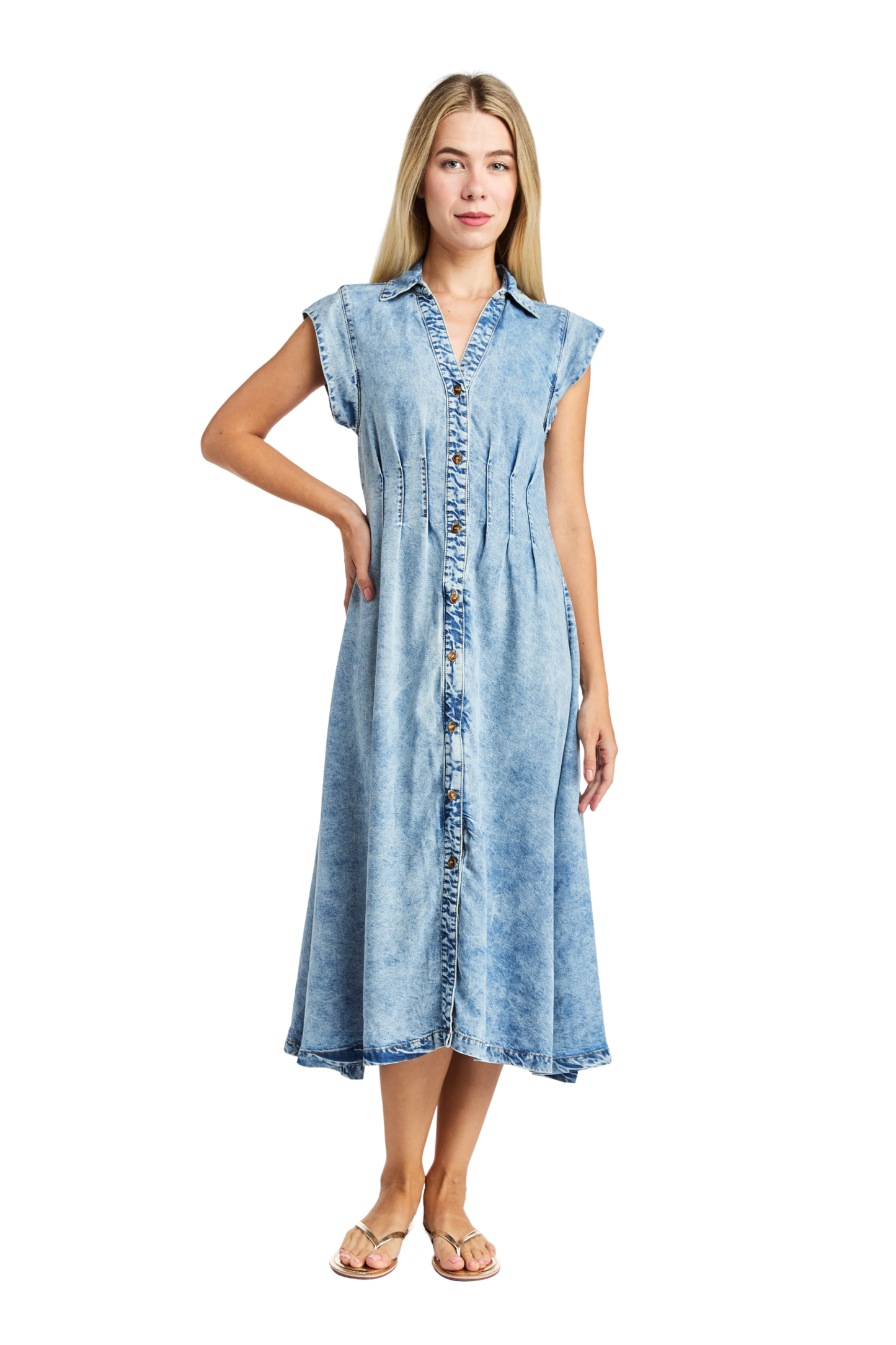 Button Up Short Sleeve Pleated Maxi Dress