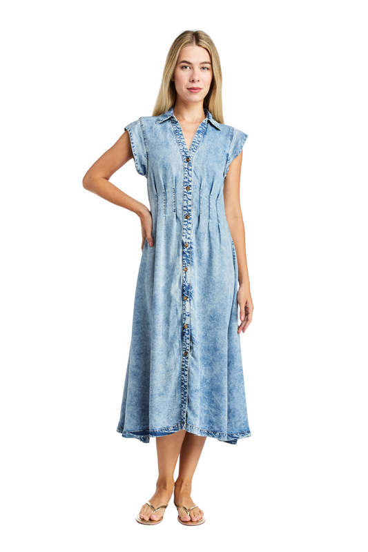 Button Up Short Sleeve Pleated Maxi Dress