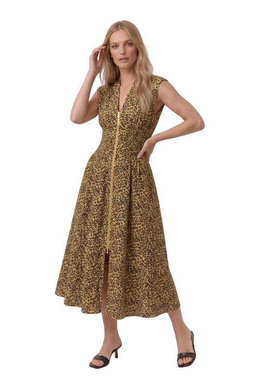 Smocked Waist Zip Front Maxi Dress