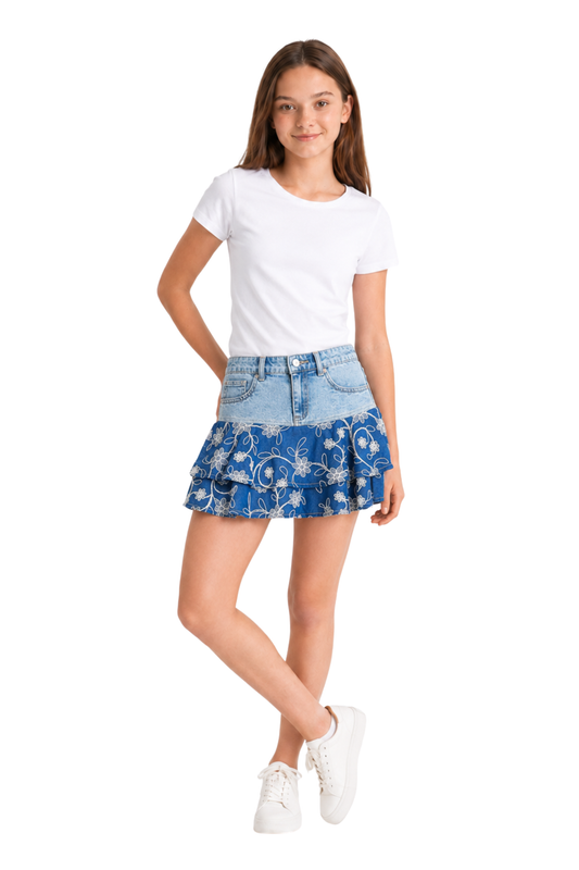 Double Ruffle Embossed Floral Mini Skirt